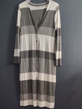 Zenergy By Chicos Long Black and White Striped Button-Front Women's Cardigan